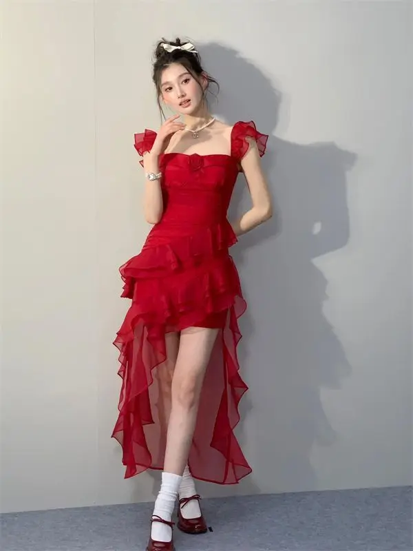 

French Sweet and Spicy Rose Flying Sleeves Dress Summer New Irregular Cinched Midi for Women
