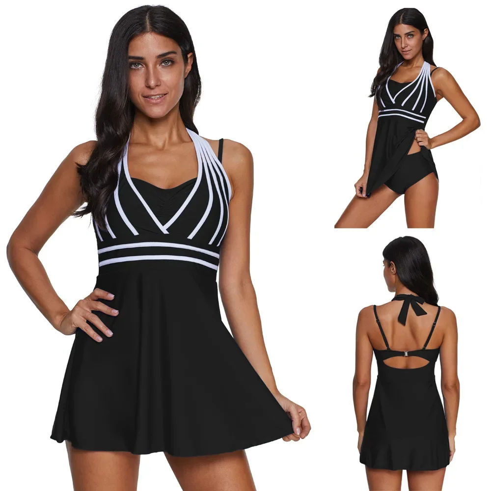 Plus Size Beach Dress 2023 Fashion Style Sexy Solid Color Stripes Multicolor Halter Skirt Type 4XL Swimsuit for Women