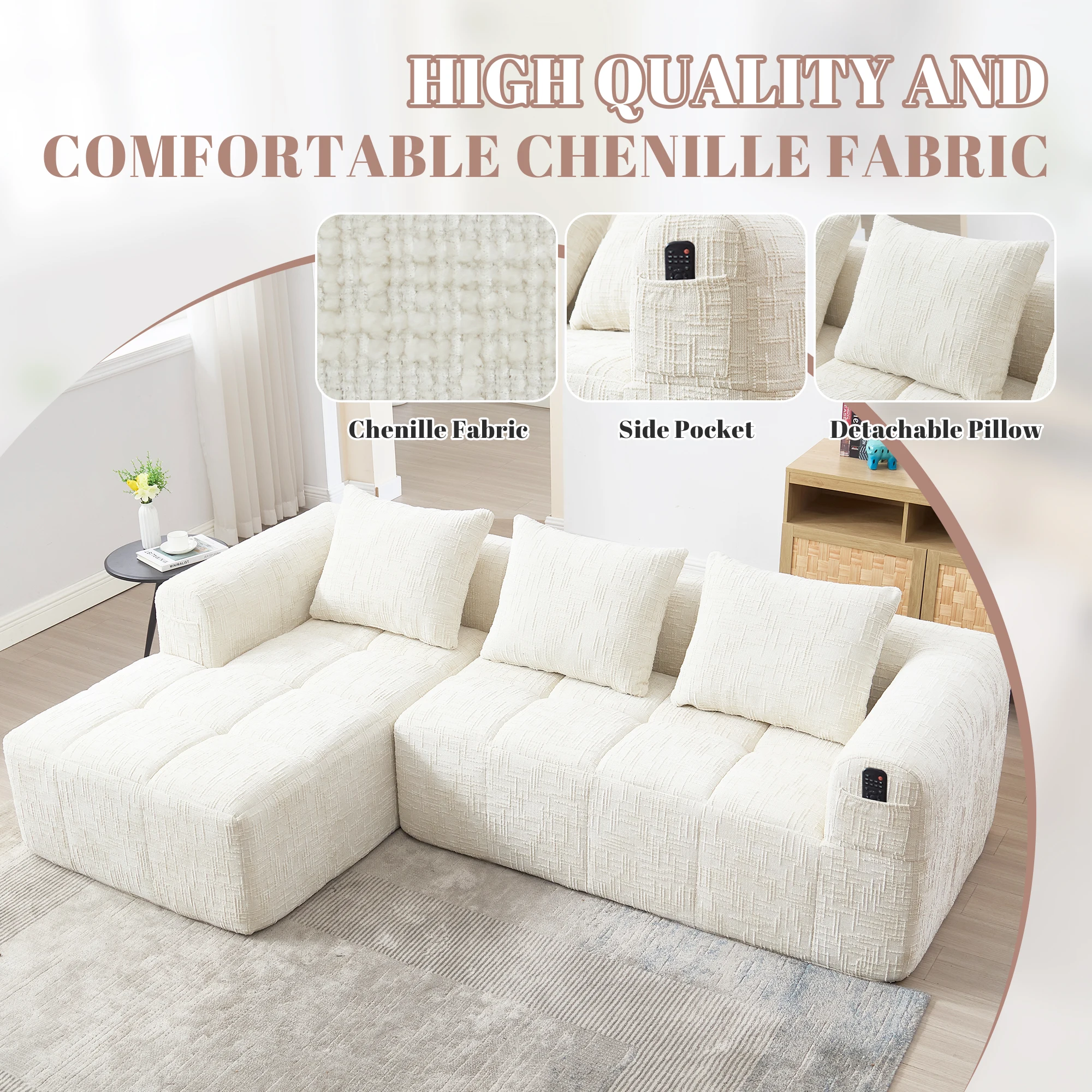Sofá esquinero modular moderno LVHOM de 3 plazas con chaiselongue, gran sofá de chenilla suave con 3 cojines y bolsillo lateral