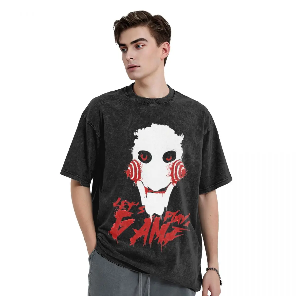 Let's Play Game Saw Washed T Shirt Streetwear Hip Hop T-Shirts Billy Tees for Men Women 100% Cotton Oversize Graphic Printed