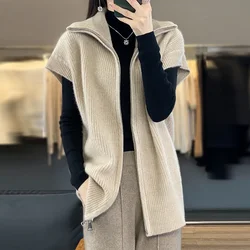 Women's 100% Pure Cashmere Zipper Turtleneck Vest European High-End Loose Waistcoat Stacked Look Premium Quality Sweater