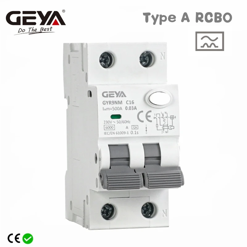 GEYA GYR9NM Type A RCBO 2P 4P Magnetic Residual Current Circuit Breaker with Over Current  Protection 10A 16A 25A 32A 40A 30mA