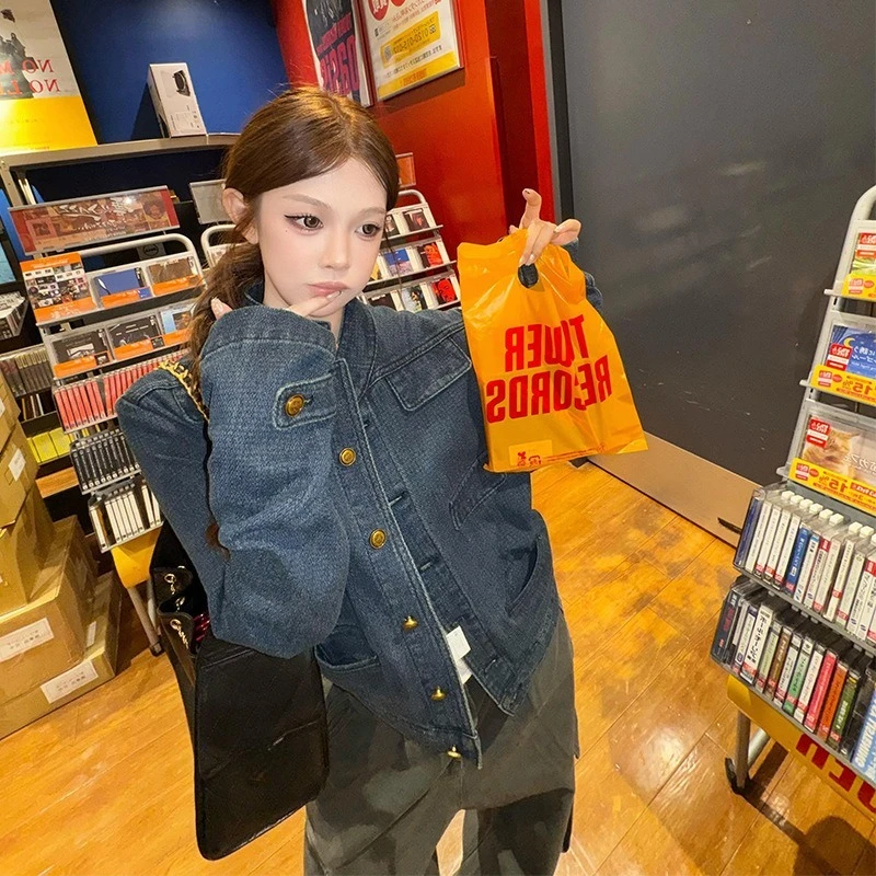 2026 New Autumn Women Denim Jacket Stand Up Collar Shoulder Short Style Old Money Fashion Top
