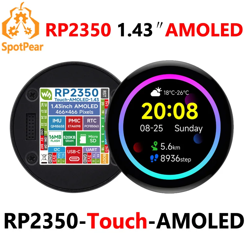 

Raspberry Pi Pico 2 RP2350 1.43 inch AMOLED TouchScreen Development Board 1.43inch Display QMI8658 6-Axis