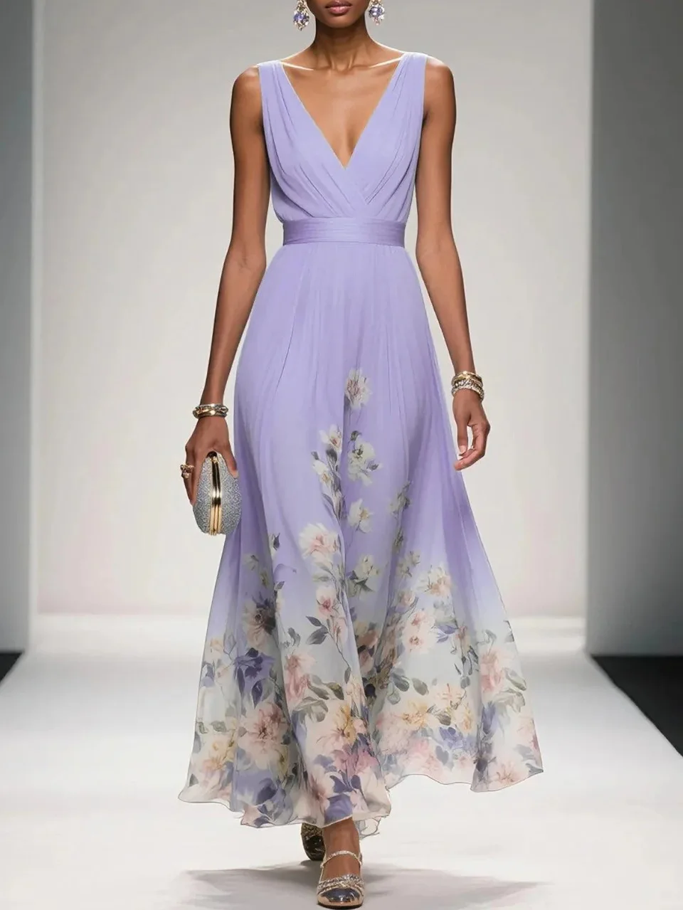 Nova moda vestidos de festa profundo decote em v floral impressão plissado sem mangas uma linha vestido de praia cintura alta verão sexy vestido feminino
