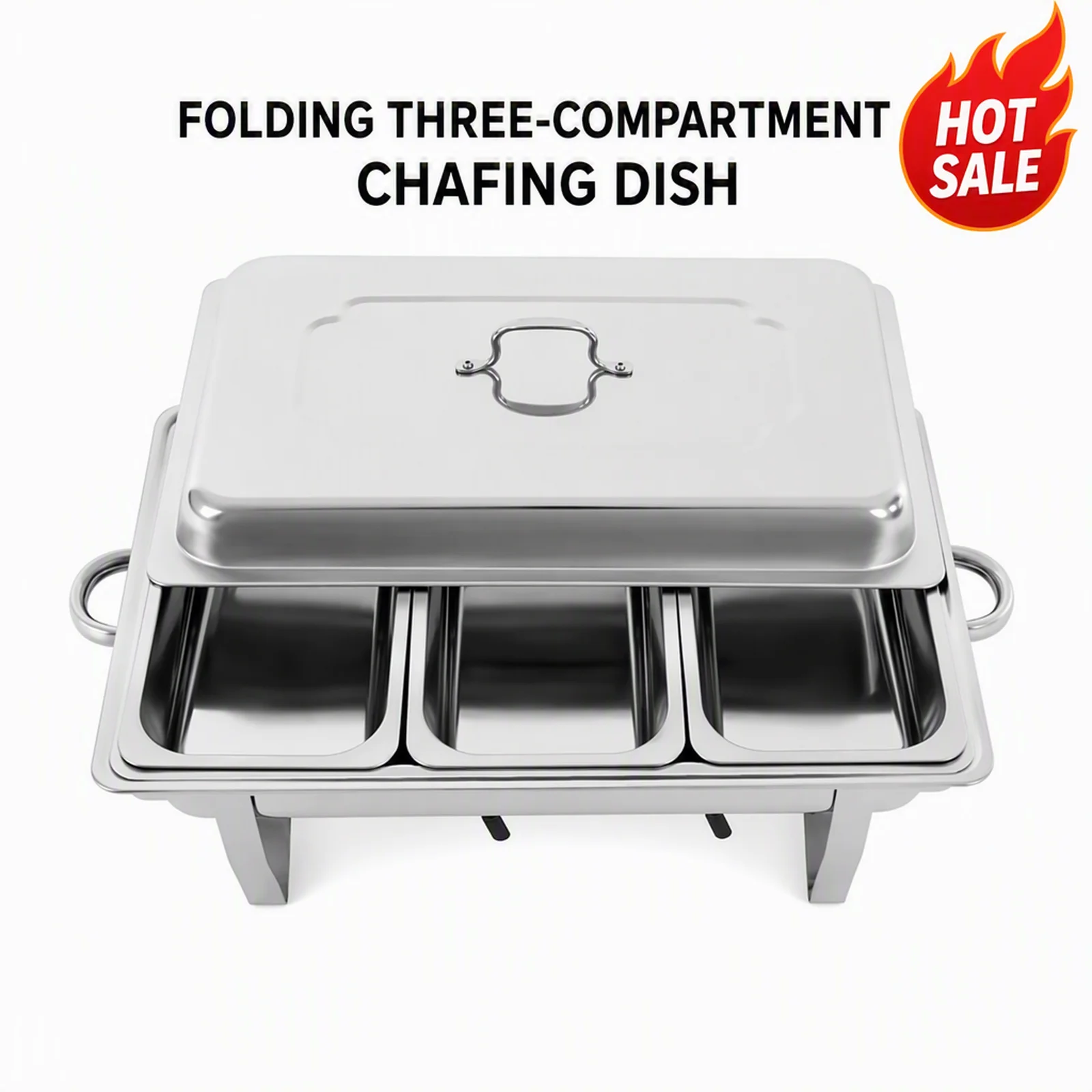 Chafing Dish 3-Compartment Foldable Buffet Warmer, Durable Stainless Steel 410, Food Holder with Water Pan for Hot and Cold Serving