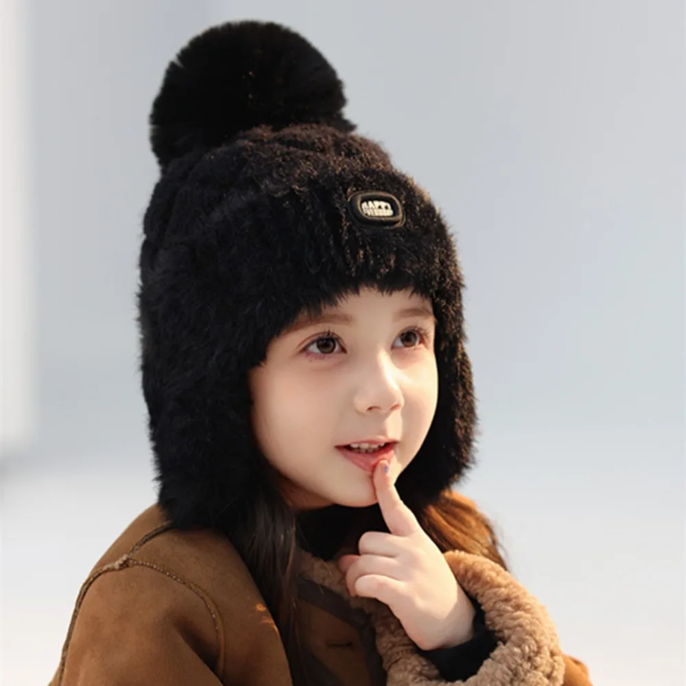 

Fashion Solid Color Winter Knitted Hat Plush Windproof Kids Beanie Cap Ear Protection Thick Warm Earflaps Bonnet Hat