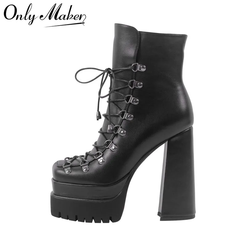 Onlymaker Double Platform Punk Boots Side Zipper Lace-up Fashion Matte Ankle Boots