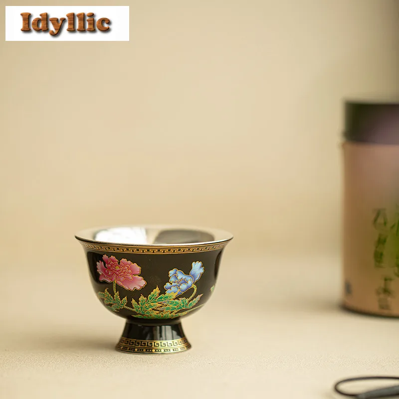 100ml Enamel Handmade Silver-plated High Foot Teacup Antique Tea Bowl Mug Tea-tasting Smelling Cup Jianzhan Master Cups Cafes
