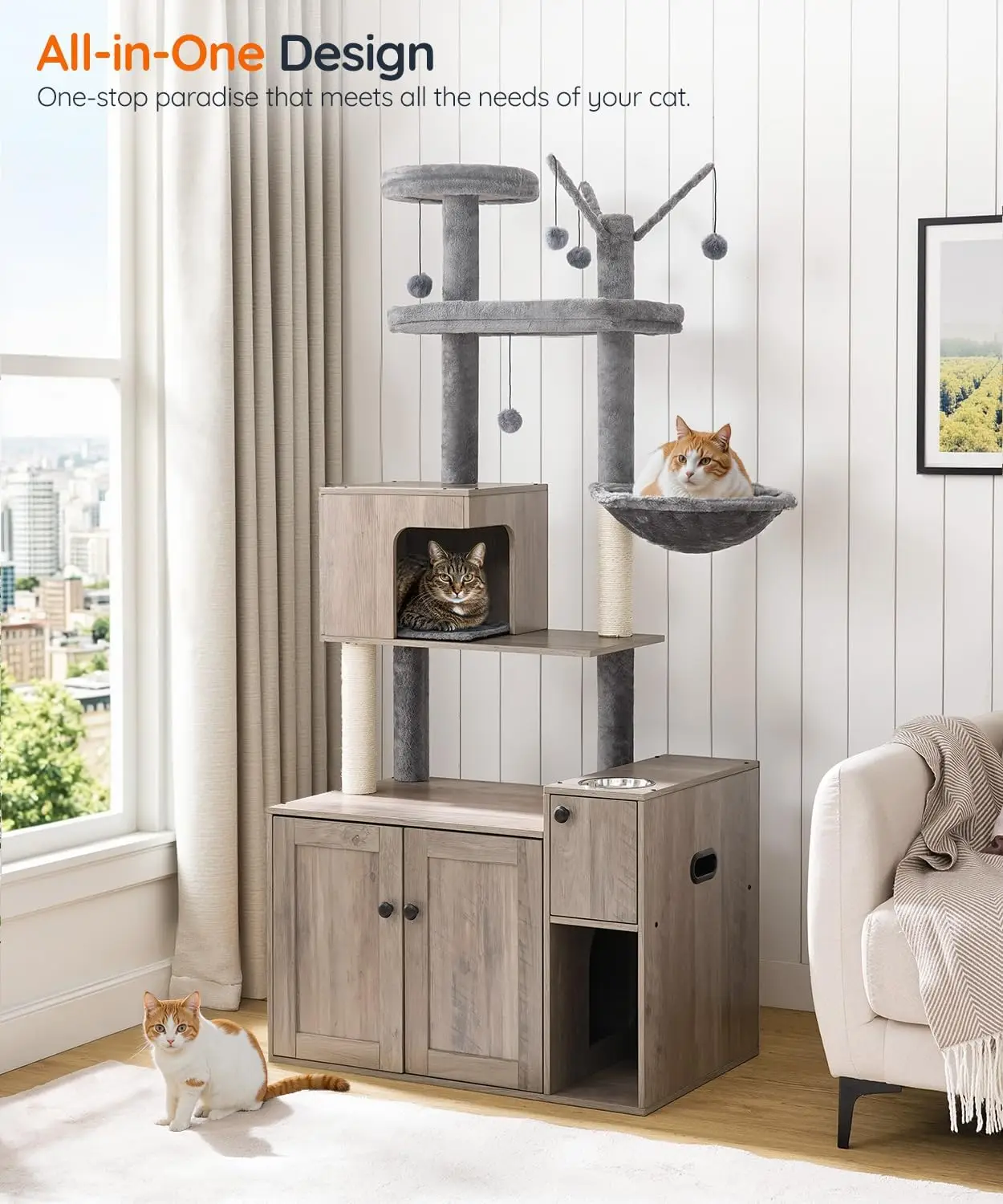 Indoor Cat Living, Greige, All-in-One Cat Tree with Litter Box Enclosure, Food Bowl, Storage, House, Hammock and Perch