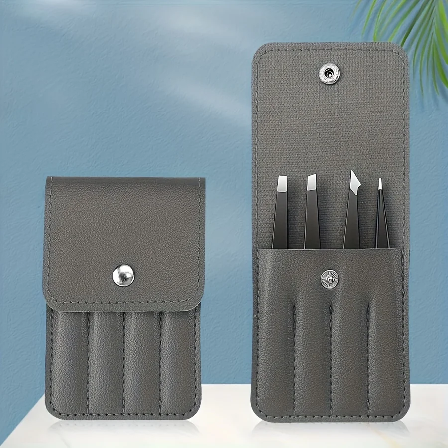 Juego de pinzas para cejas de acero inoxidable para pestañas postizas, estuche marrón de cuatro piezas, pinzas portátiles de almacenamiento para herramientas de maquillaje de cejas