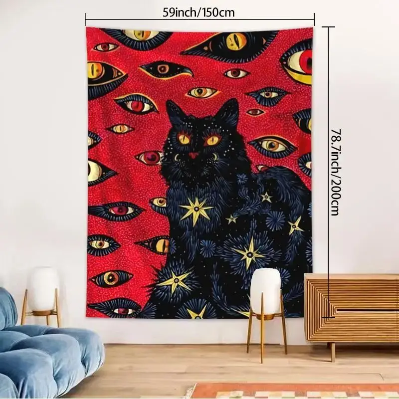 VIKAMA Multi Eye Black Cat Red Background Star Tapestry Polyester Print Wall Hanging Bedroom Dark Gothic Decor Cloth