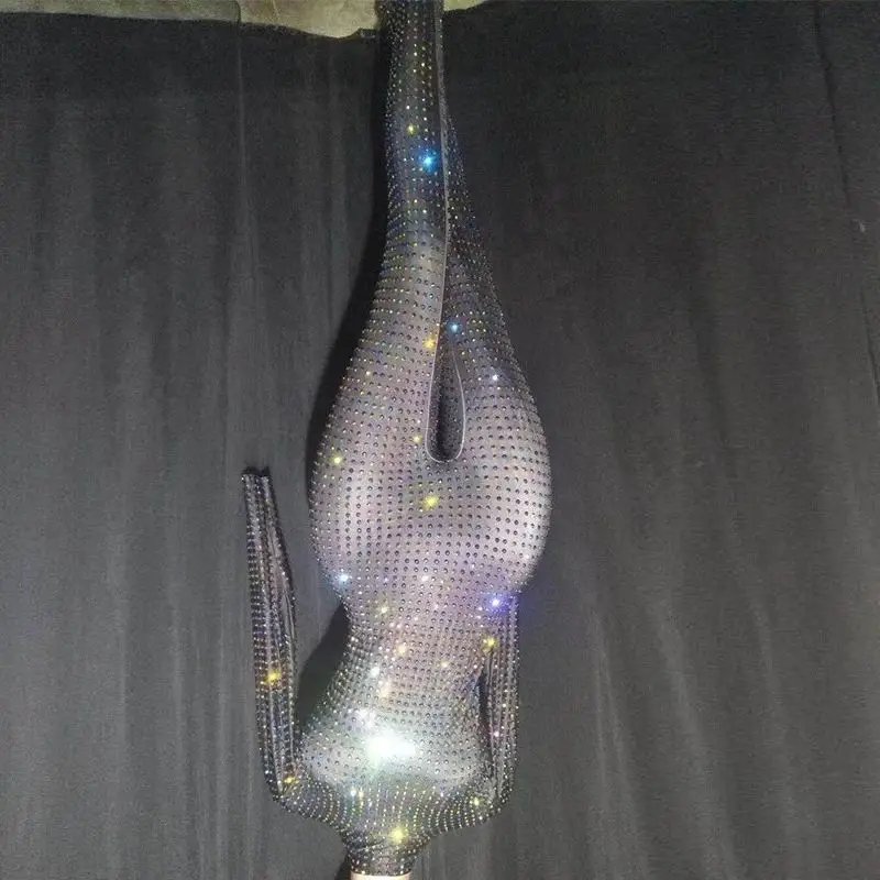 セクシーな AB ラインストーン女性長袖ジャンプスーツパーティータイトフィット黒ロンパース歌手ダンサーナイトクラブステージデザイナー服