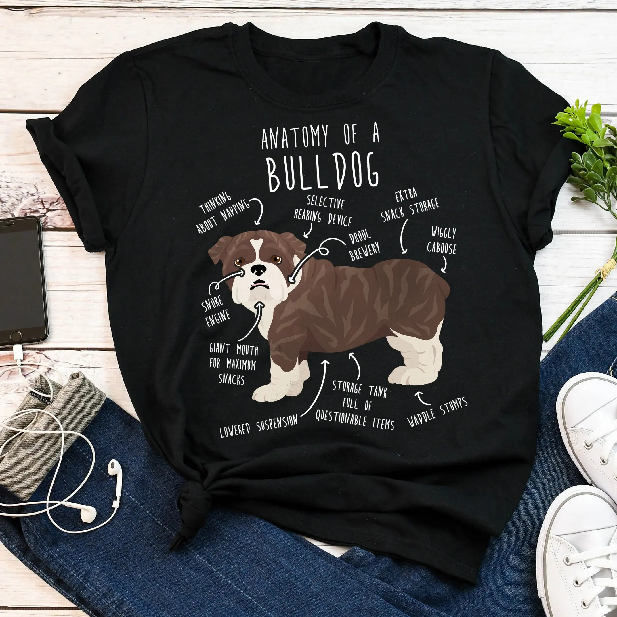 English Bulldog T Shirt Funny Dog Lover Cute Brindle Pet Mom Dad Anatomy Clothes