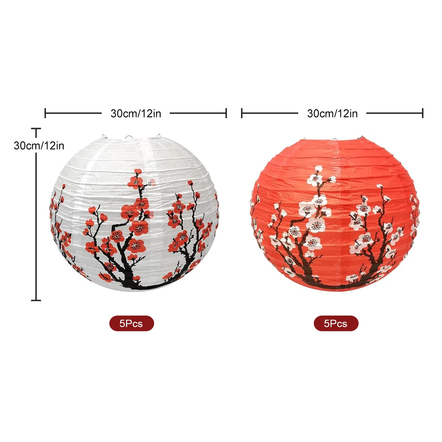 10 Cherry Flowers Paper Lanterns, 12 inch Blossom Lantern 5 Red + 5 White for Restaurant Home Wedding Party Decoration