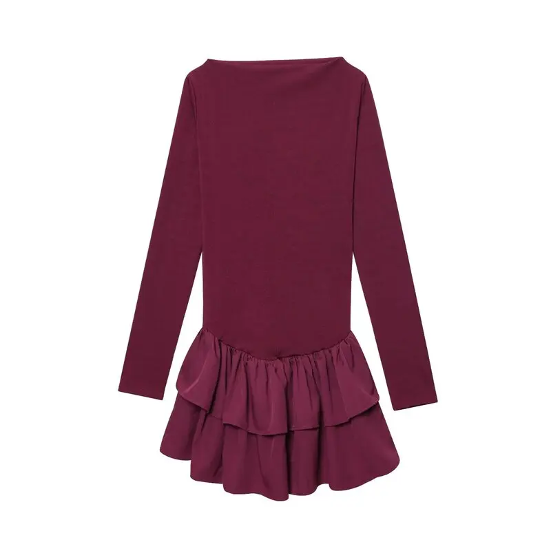 Moda Fena Primavera 2025 Vestido Curto de Manga Longa com Decote Redondo Decoração em Camadas Versátil Nova Chegada Estil...