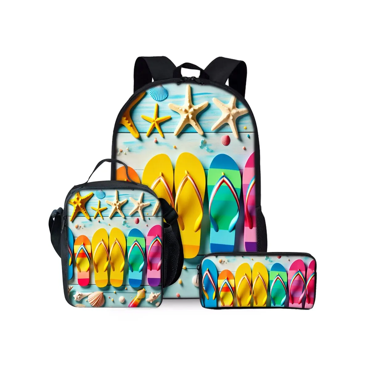 

Sandals and Shells Print Three Piece Backpacks Set for Boy and Girls Best Gifts 2D Flat Cartoon School Bag for Children