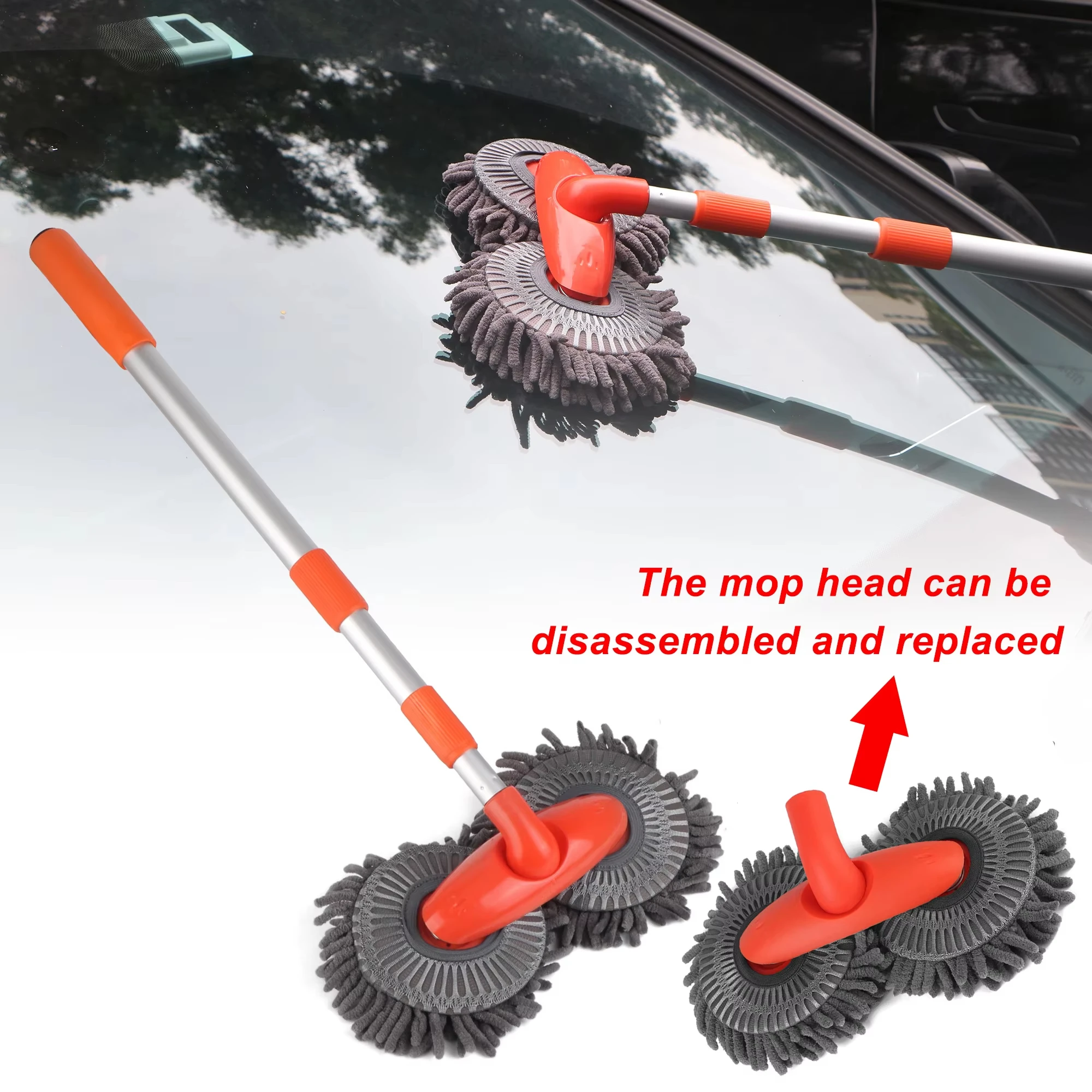 

Dual-head Car Wash Mop Telescoping Long Handle Rotating Chenille Cleaning Tool for Window Floor Glass Home Auto Care Accessories