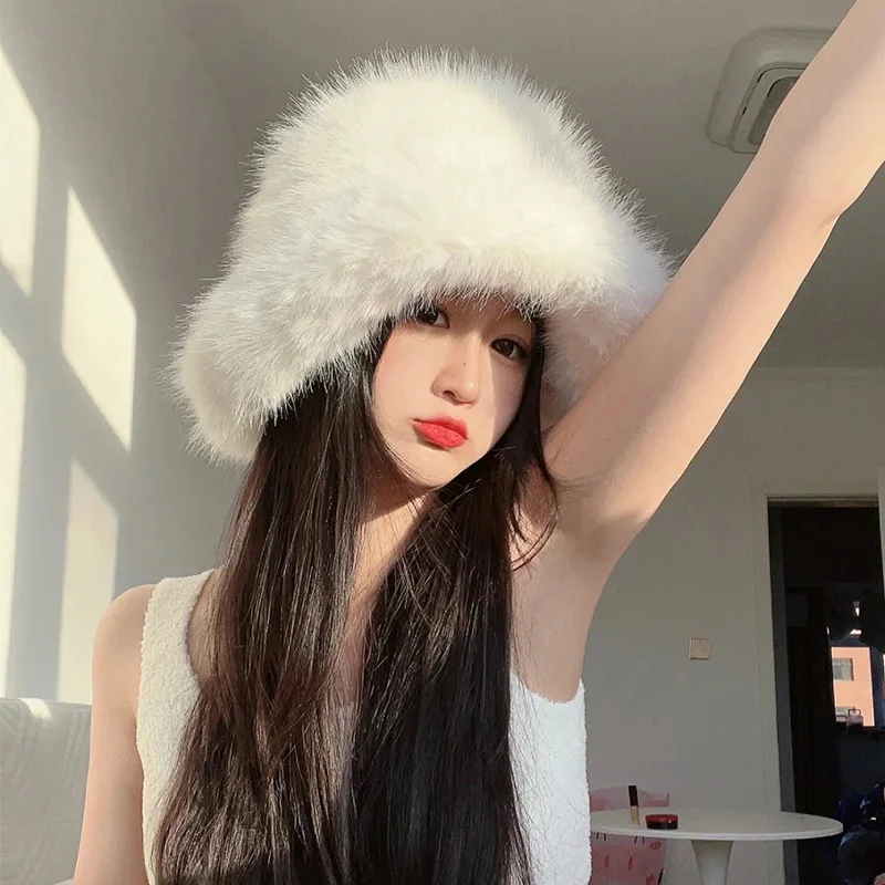 Y2k Fluffy Faux Fur Bucket Hats For Women Rabbit Fur Warm Thick Plush Winter Hat Lady Luxury Hip Pop Party Panama Fisherman Cap