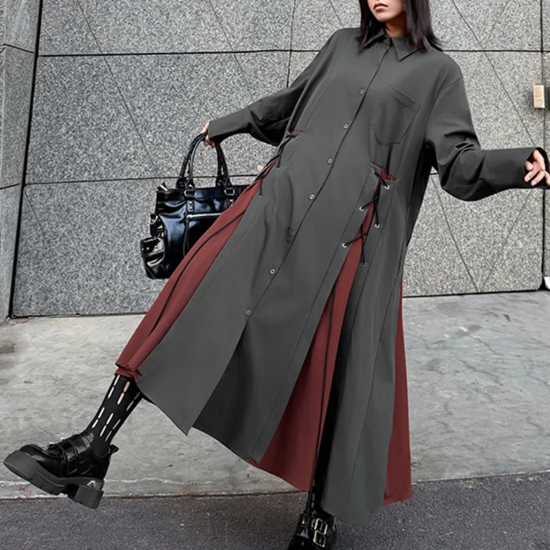 Sukienka koszulowa damska HKSH na wiosnę i jesień, blok kolorów, zapinana na guziki, długi rękaw, elegancka, modna, codzienna, oversize, model HK17317