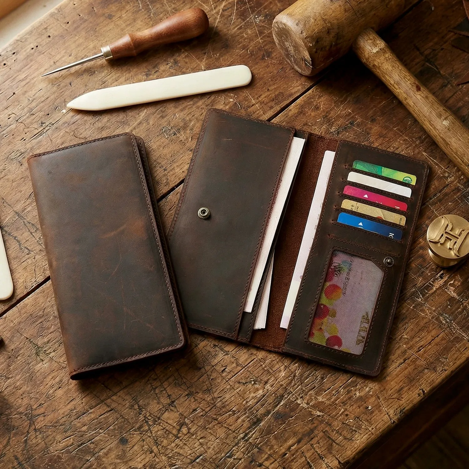 Vintage Top Layer Leather Long Wallet for Men Ultra-Thin Genuine Leather Bifold with Snap Button Closure Minimalist Wallet
