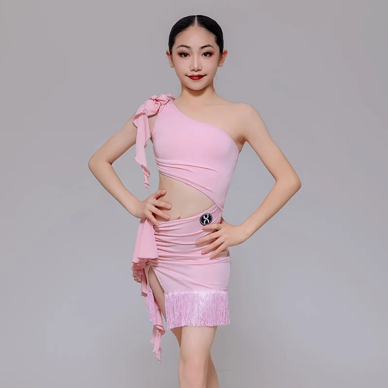 2025 crianças roupas de desempenho de dança latina trajes de meninas ombro inclinado oco borlas vestido samba dança palco wear dn22553