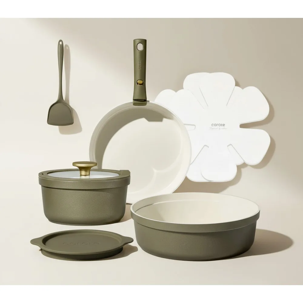 

9-Piece Ceramic Cookware Set with Detachable Handles, Non-Stick Induction Safe Pots & Pans for RV Kitchen