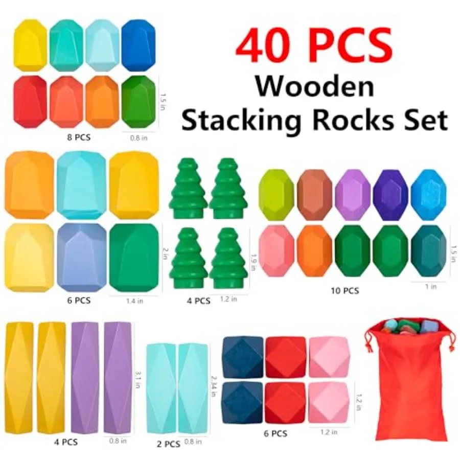 Wooden Stacking Rocks 40 Pcs Montessori Sensory Learning Toys for 39 Years Old Balance Building Blocks Educational STEM Toys fo