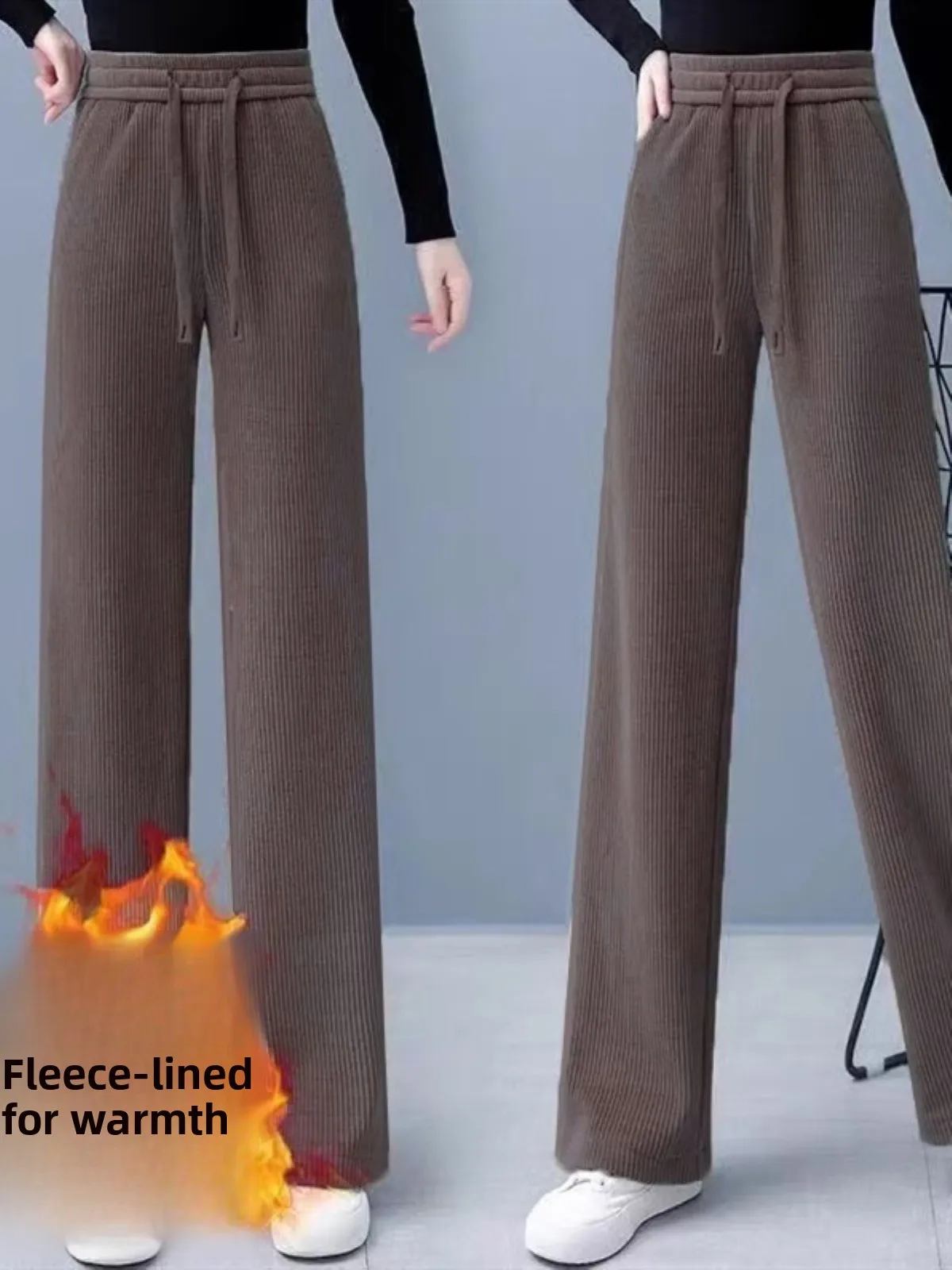 세이 브라운 Fce 안감 있는 하이웨이스트 스트레이트 레그 와이드 레그 팬츠 가을 겨울 테니드 루즈핏 편안한 유럽산 면