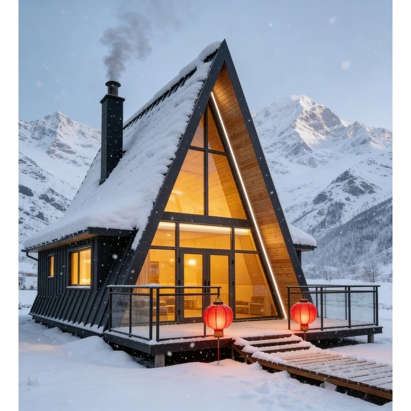 Prefabricated A-frame Triangle Cabin Steel Structure Double Story with Terrace Wood Appearance Luxury Resort Chalet