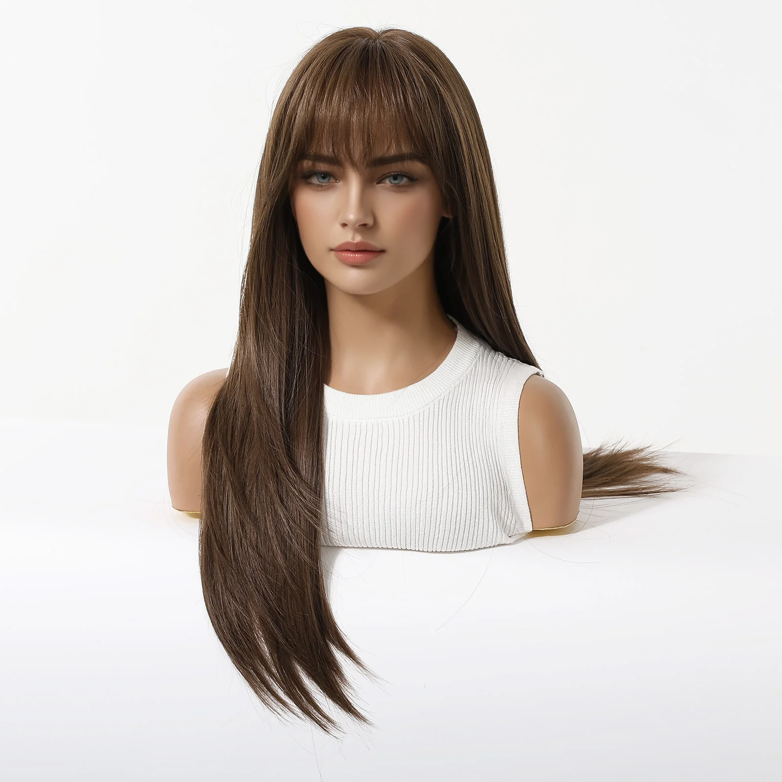 Women's Dark Brown Long Straight Synthetic Wig with Bangs