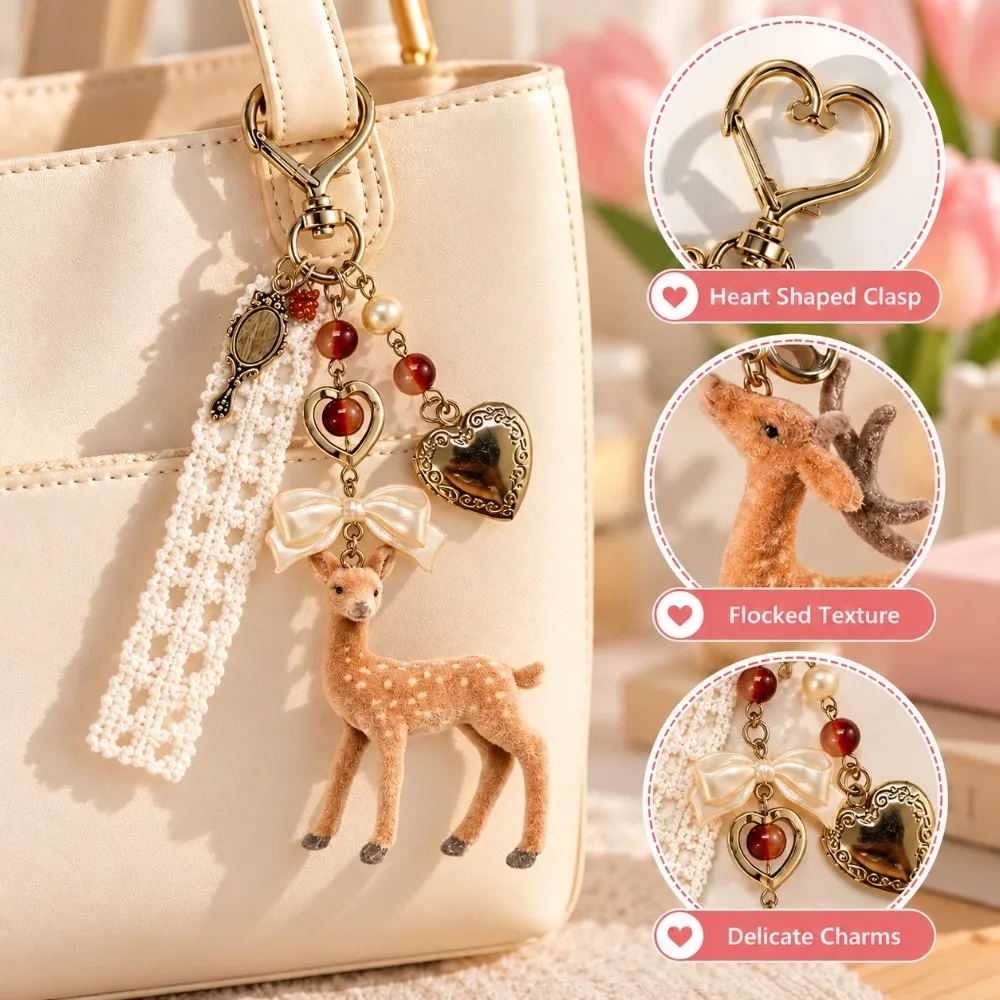 Flocked Texture Christmas Elk DIY Bead Case Heart Shaped Clasp Deer Keychain Butterfly Charm Flower Beads Deer Bag Charm