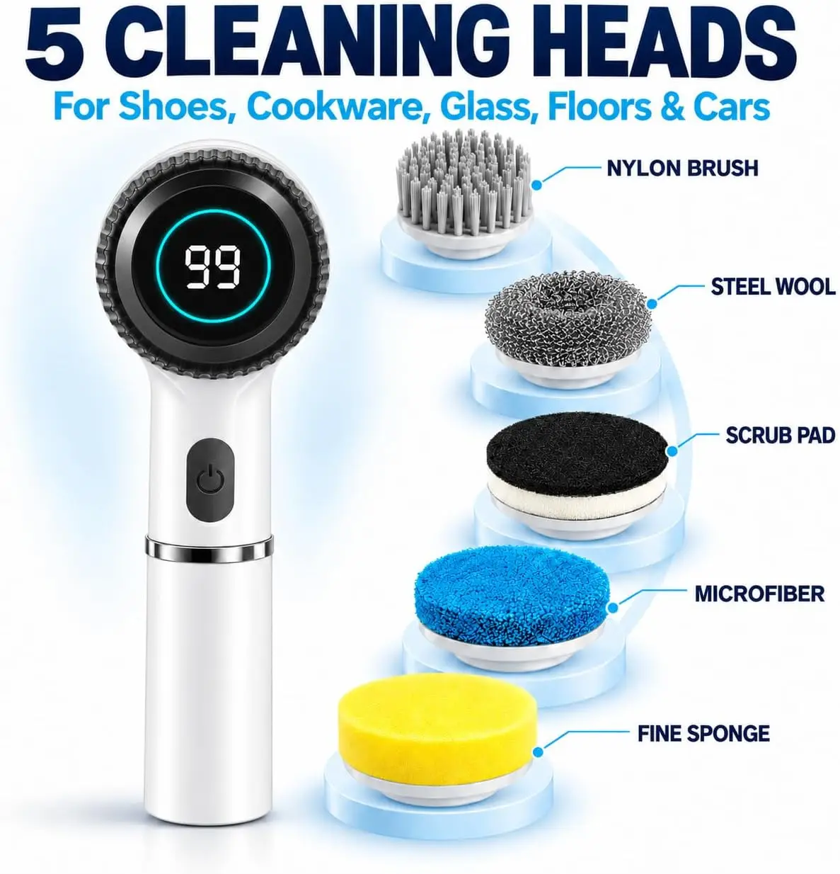 Cordless Electric Cleaning Brush with 5 Replaceable Heads 3 Speed Modes LED Display for Kitchen Bathroom Tile Car Floor Cleaning