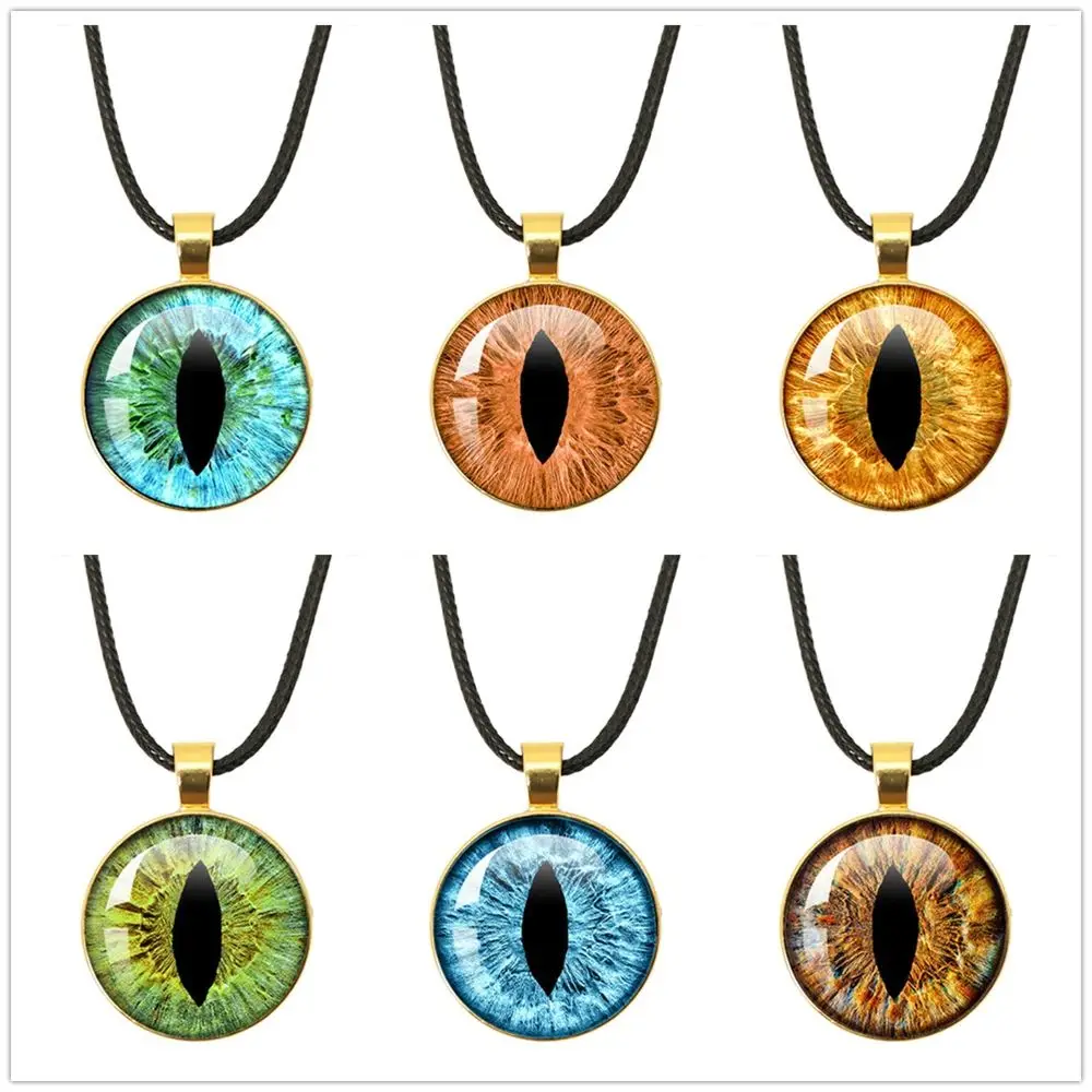 Evil Eye Necklace Blue Violet Green Sauron Dragon Eye Necklaces Glass Cabochon Pendant Leather Rope Necklaces Jewelry Charm Gift