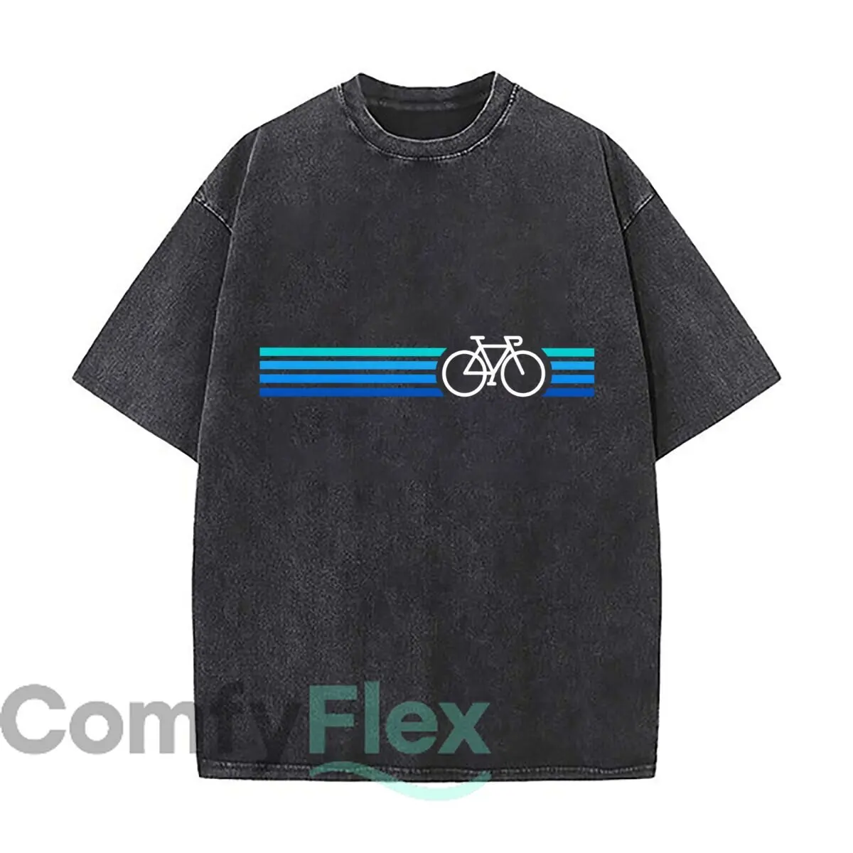 Blue Horizontal Stripes Bicycle Outline Graphic Washed Vintage Short Sleeve Loose Streetwear Tee