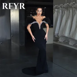 RFYR Luxury Beading Mermaid Evening Dress Off The Shoulder Feathers Crystal Deep V-Neck Prom Dress Black Sweep Train  فستان سهرة