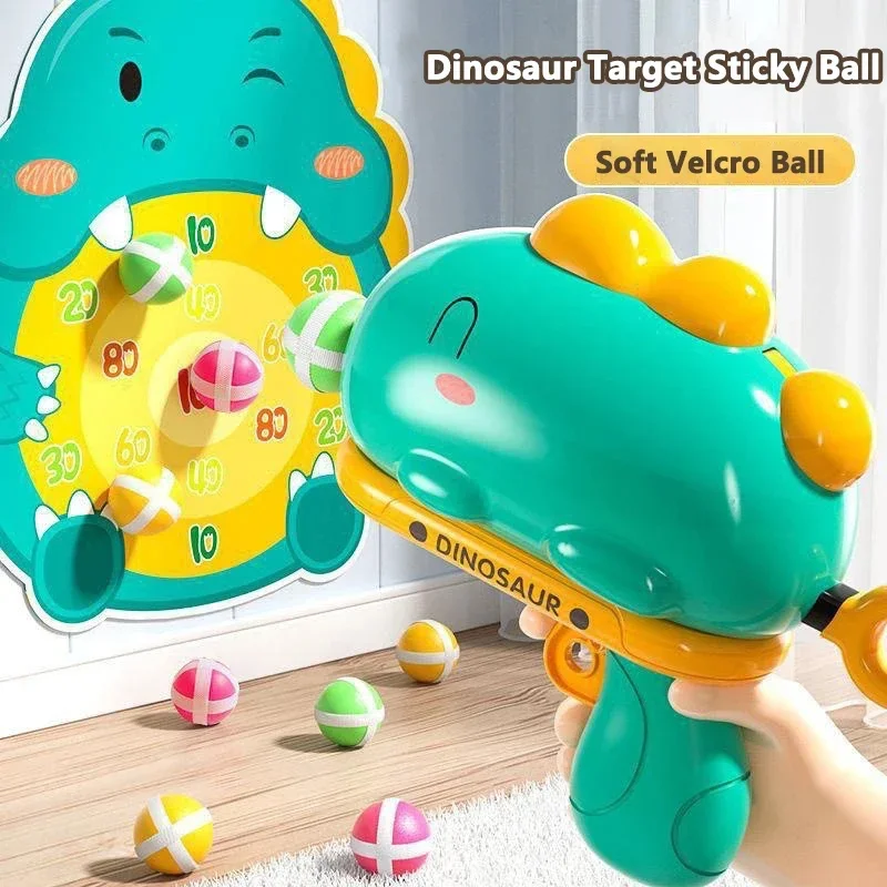 Kids Cartoon Dinosaur Sticky Ball Gun Toys Catapult Target Dart Board Shoot Sport Softball Interactive Toys for Boys Girls Gift