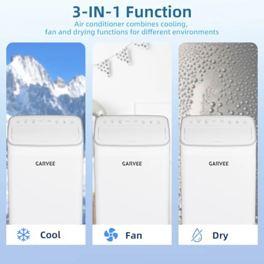 Portable air conditioner for bedroom use, aluminum housing, white color, 12000 BTU cooling capacity with 3-in-1 functionality c