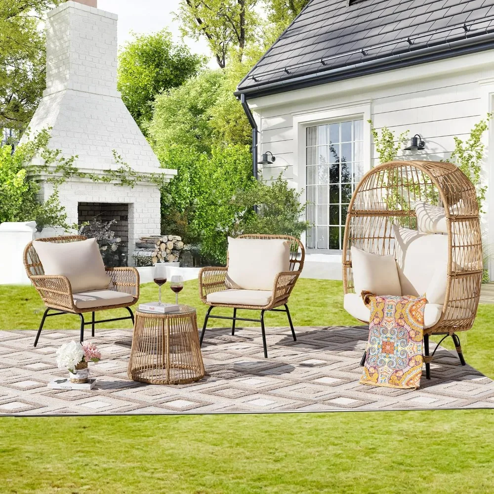 ® 4 Pcs Boho Outdoor Bistro Set With Egg Chair, 500lbs Heavy Duty Seating With Round Table, All Weather Wicker Patio Fur