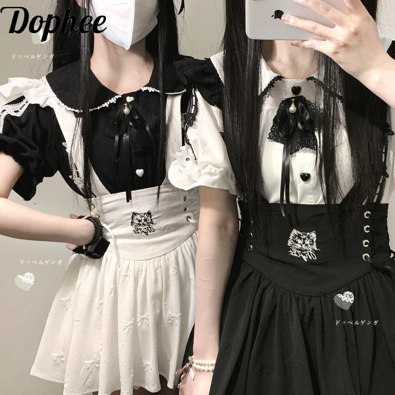 

Dophee Original Elegant Ruffles Strap Skirts Women Cute Cat Bandage High Waist Rolita Skirt Gothic Young Girls Mini Skirt Party