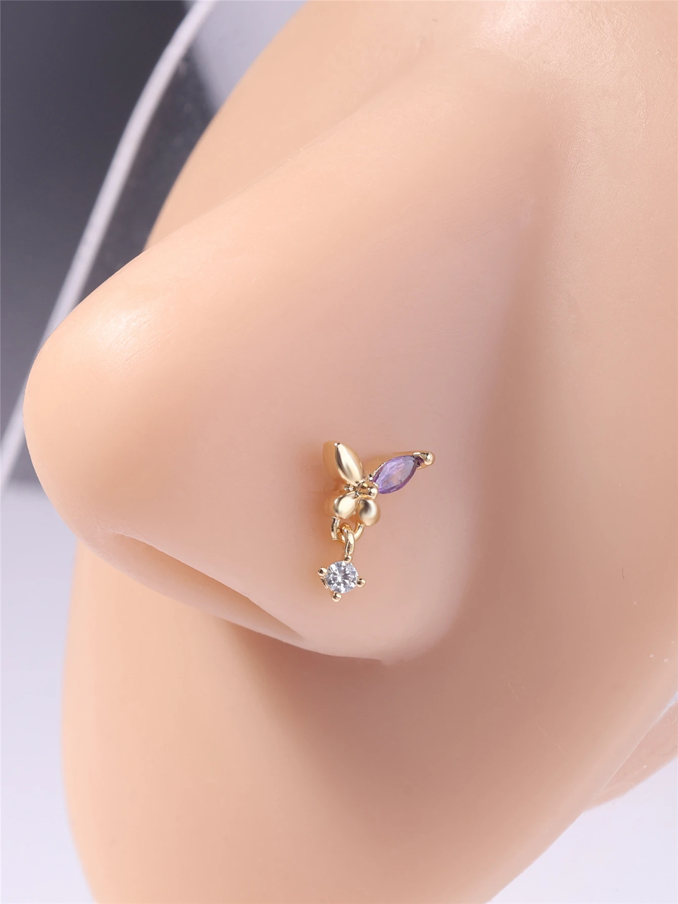 20G L Shaped Dangle Nose Studs CZ Cute Butterfly Design Gold Silver Color Dangling Nose Piercing for Women Girl Nostril Jewelry