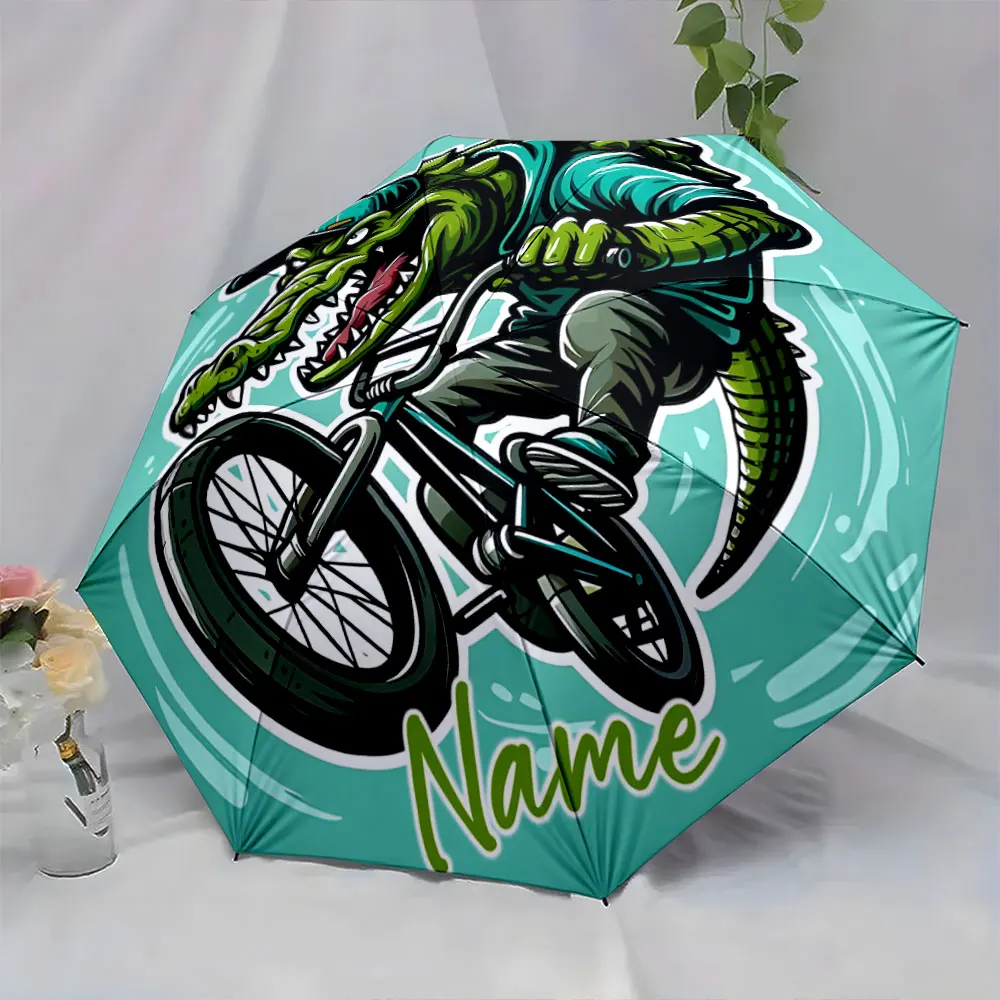 Custom Name Biking Crocodile Cartoon Umbrella Design Print 8 Iron Ribs Folding Umbrella, Auto-Open Fashion Sunshade