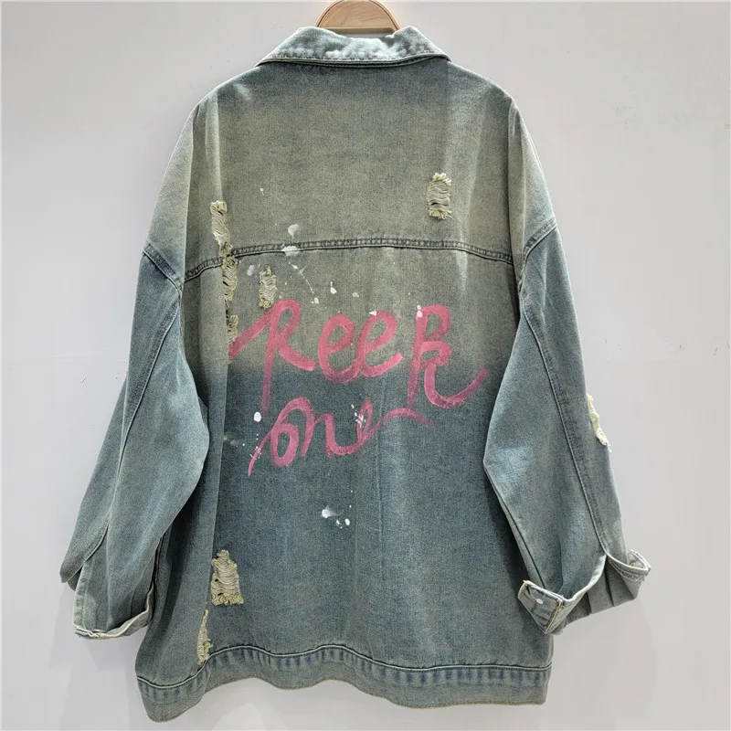 Autumn Heavy Industry Hand-painted Graffiti Denim Jacket Women's Loose Medium And Long Streetwear Cool Cartoon Top Jeans Jaqueta