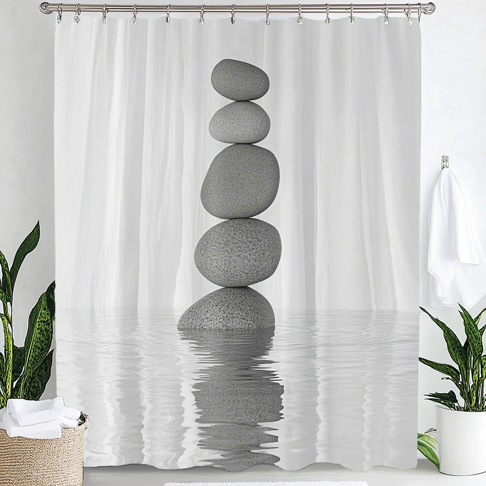 Zen Stone with Lotus Reflection in Water Shower Curtain, Bathroom Decorative Shower Curtain, Home Flowers Curtain with Hooks