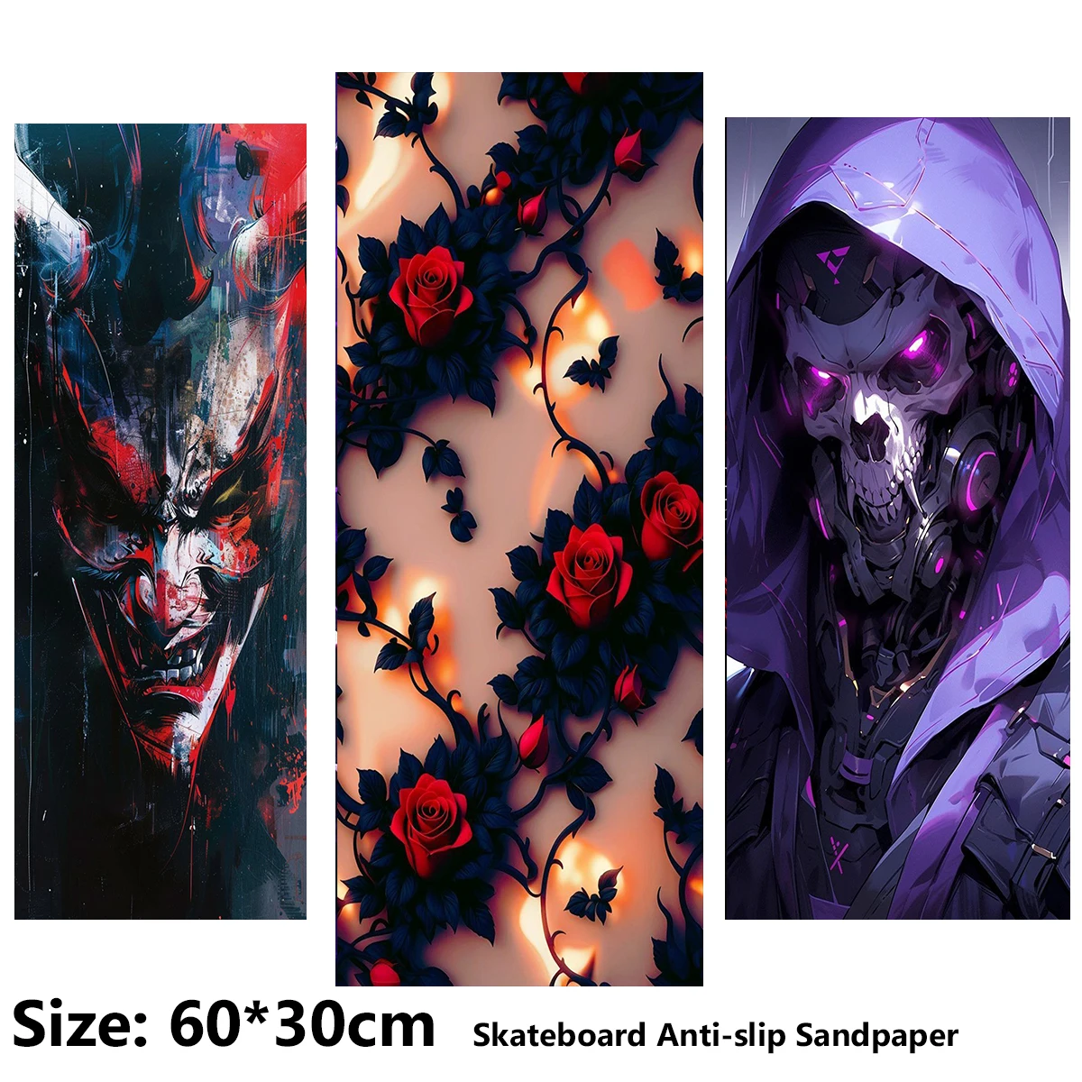 Electric Scooter Anti-slip Sticker Sandpaper Skateboard GripTape Sheet 60*30cm Horror-themed Face Pattern with Roses