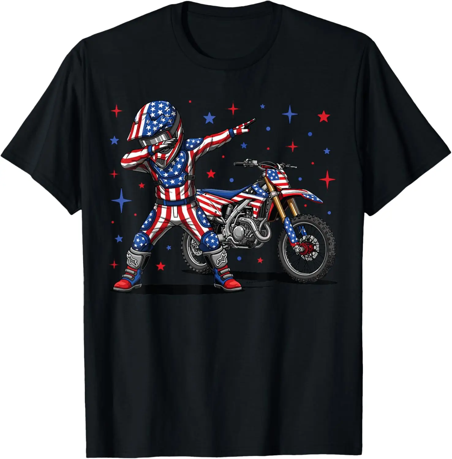 Dabbing Dirt Bike Rider American Flag Men Boys 4Th Of July T-Shirt 100% Cotton Trendy Y2K Short-Sleeve Tee-Soft, Quick-Drying,