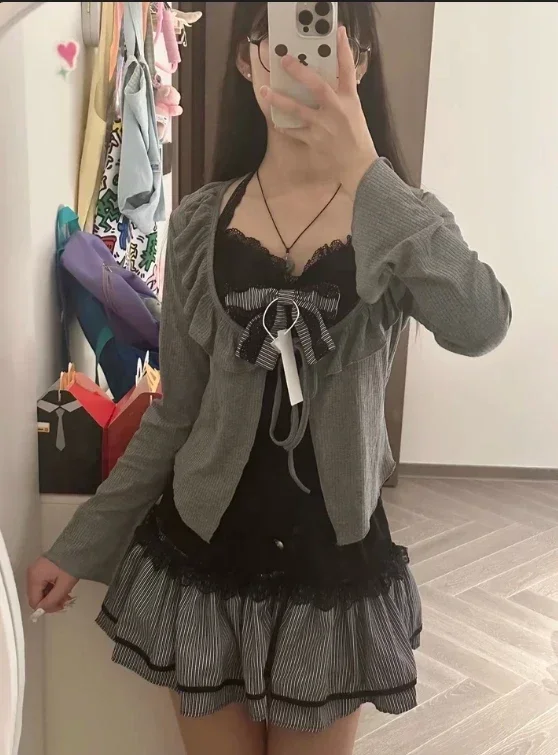 Sweet Lolita Lace Up Ruffles Cardigan+ Sexy Slim Fit Strapless Vest Tops+ High Waist Pleated Skirt Early Autumn Three Piece Sets