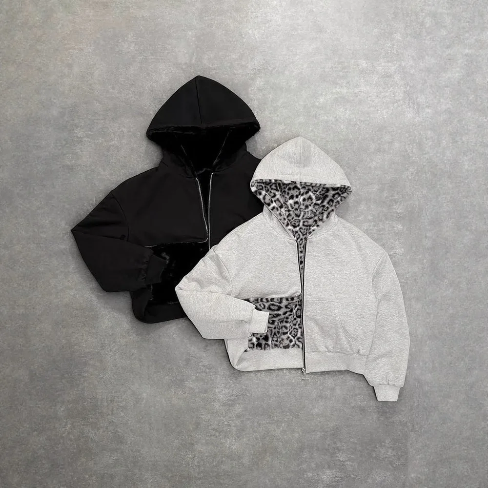 

Leopard Print Two-way Wear Faux Fur Jacket Zipper Hooded Gray Furry Jackets Fluffy Warm Thick Loose Stylish Plush Coat Faux Mink