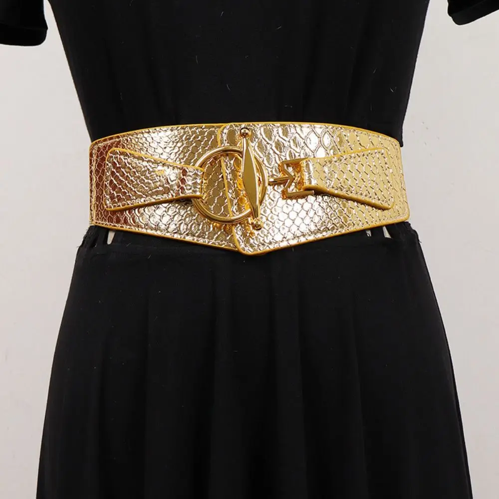 Pu レザーゴールドカマーバンドラウンドバックルドレスガードル女性のウエストバンド弾性ハイウエストワイドウエストベルト衣類付属品