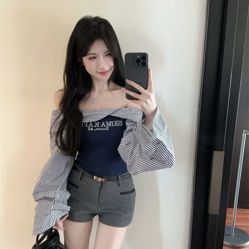 2025 New Japanese Korean American Retro Striped Color-contrast Off-Shoulder Long-sleeve Tops Streetwear Letter Print Top Women's